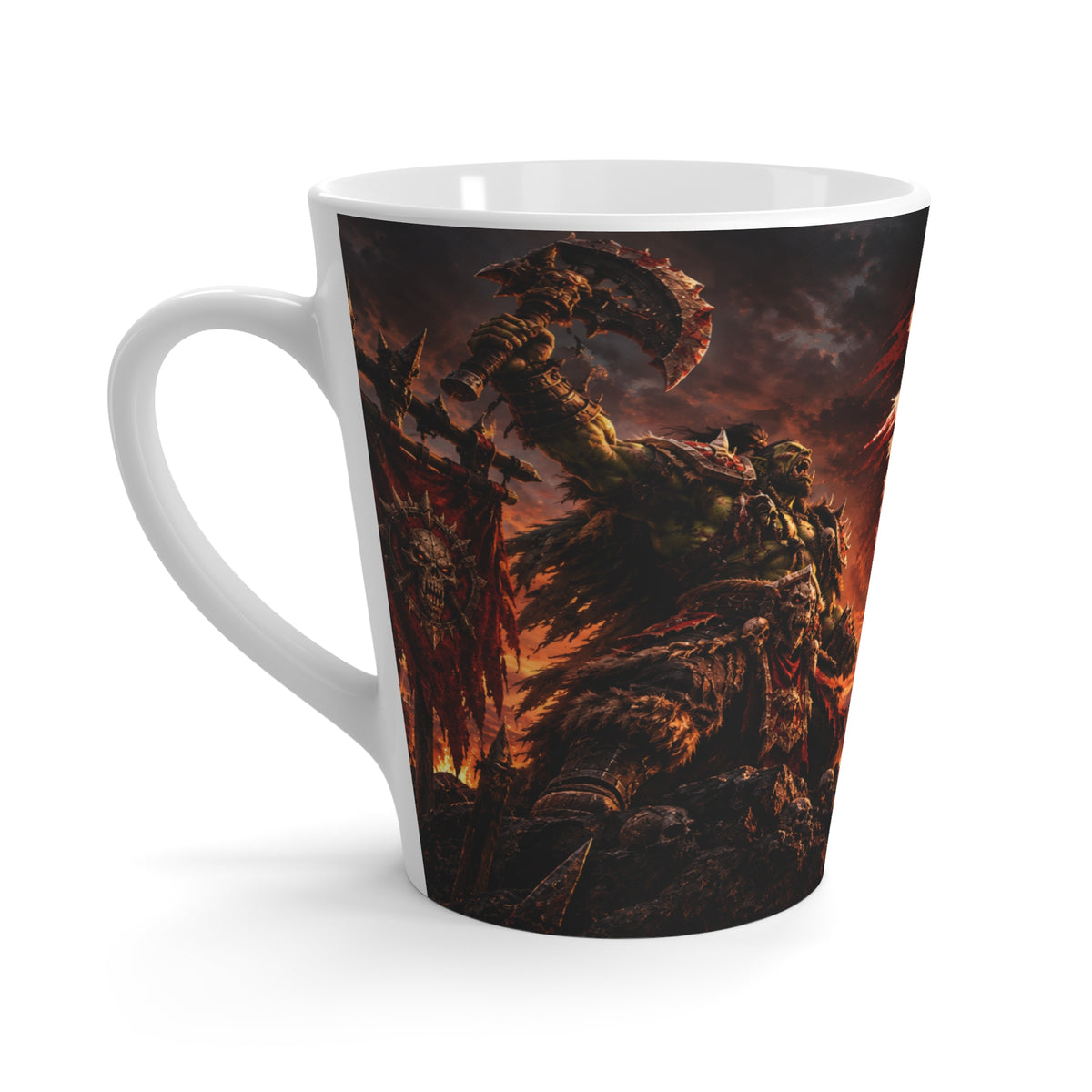 Latte Mug — 'Sixty Forever' Dark Fantasy Orc War Scene Coffee Cup