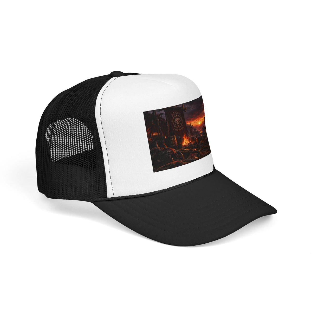 Post-Apocalyptic Campfire Foam Trucker Hat – Dark Dystopian Landscape