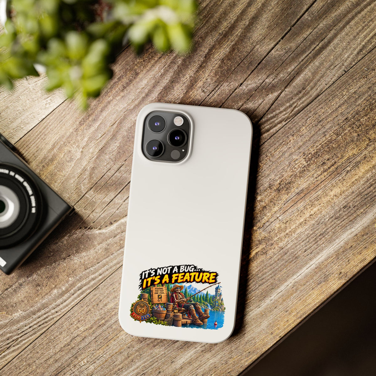 Slim Phone Case — "It's Not a Bug, It's a Feature" Rustic Camping Design