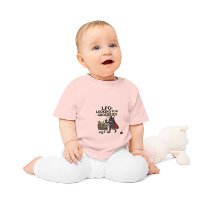 Baby T-Shirt — "LFG: Looking For Groceries" Cute Superhero Grocery Cart Tee
