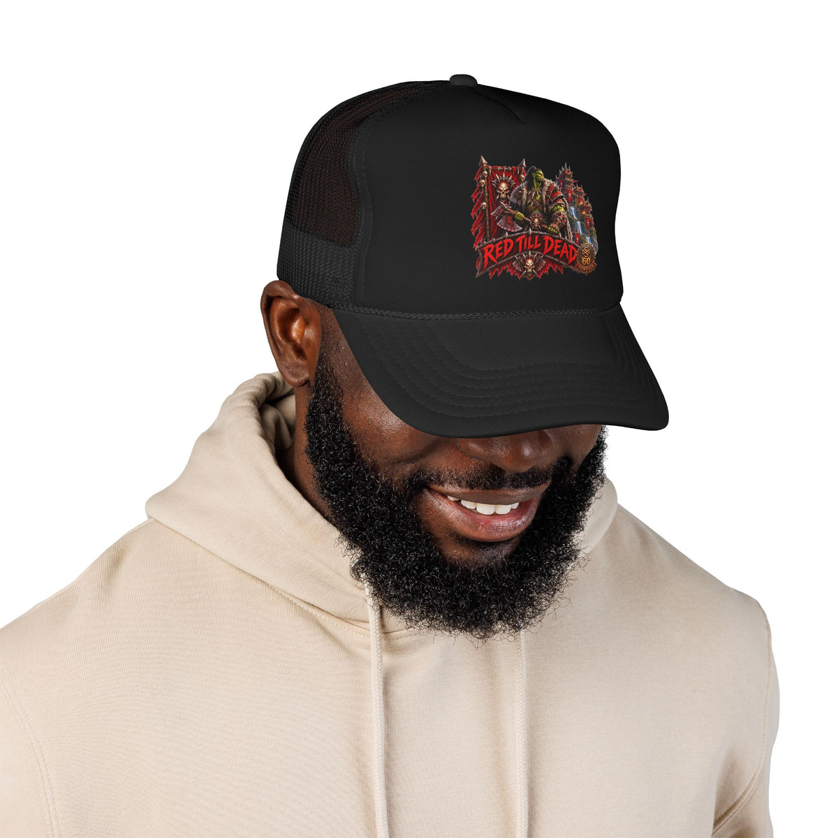 Red Till Dead Trucker Hat — Graphic Foam Mesh Cap for Bikers & Metal Fans