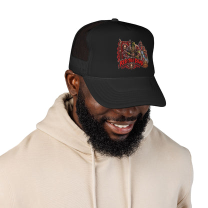 Red Till Dead Trucker Hat — Graphic Foam Mesh Cap for Bikers & Metal Fans