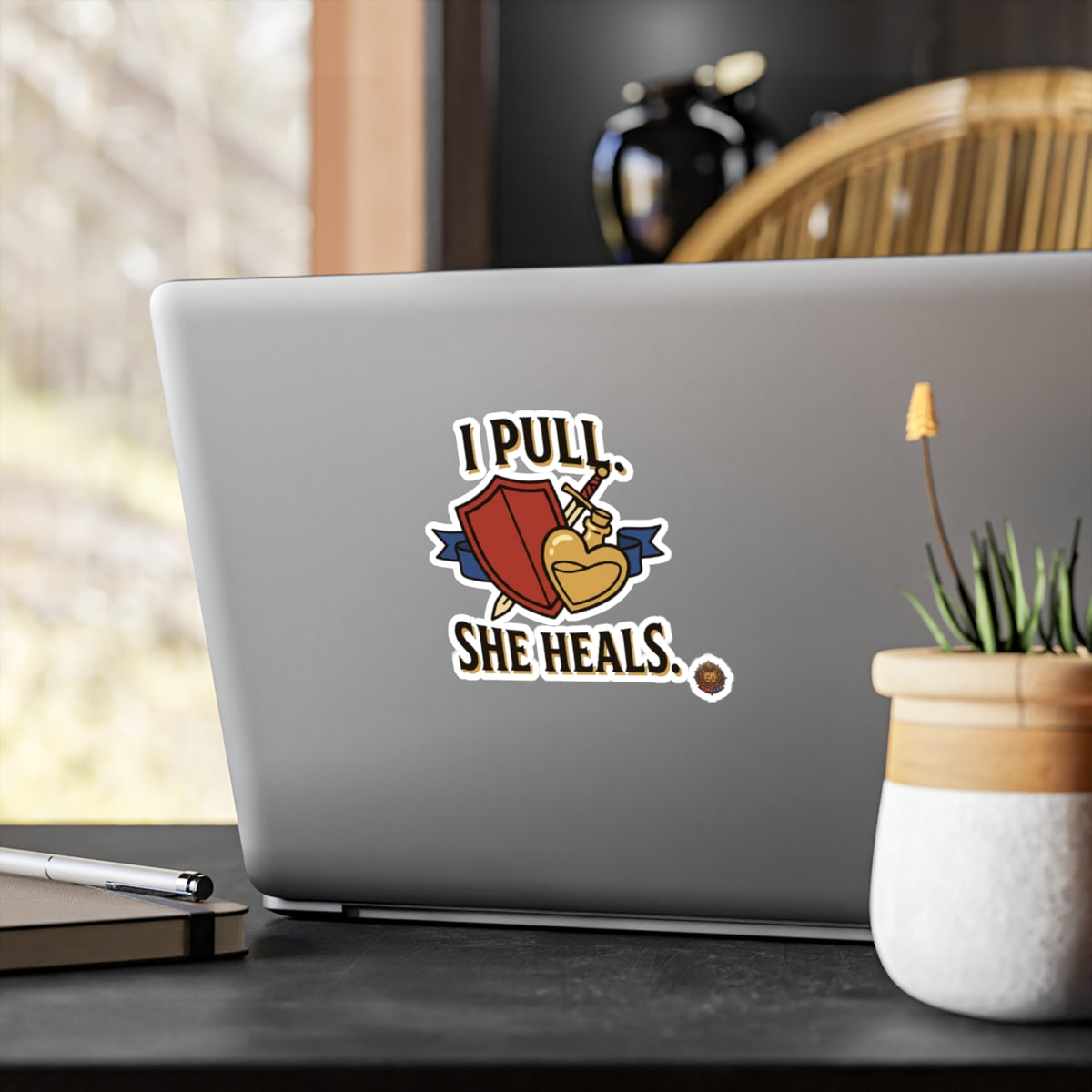 I Pull. She Heals. RPG Healer Sticker — Vinyl Kiss-Cut