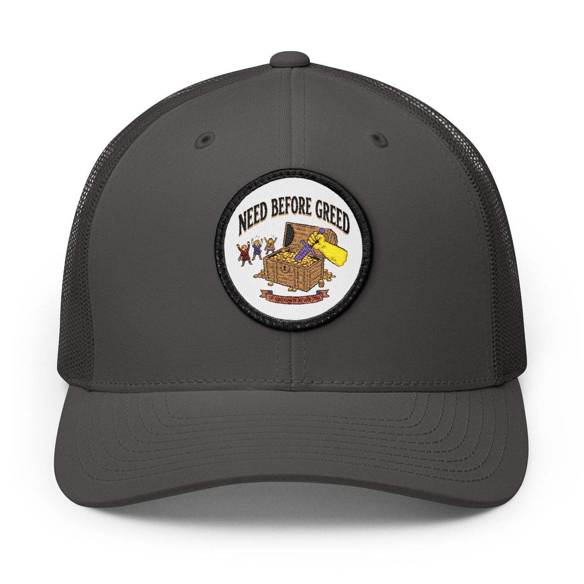 Embroidered Trucker Cap — 'Need Before Greed' Patch