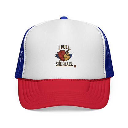 Trucker Hat — "I Pull, She Heals" Weightlifting Barbell Design