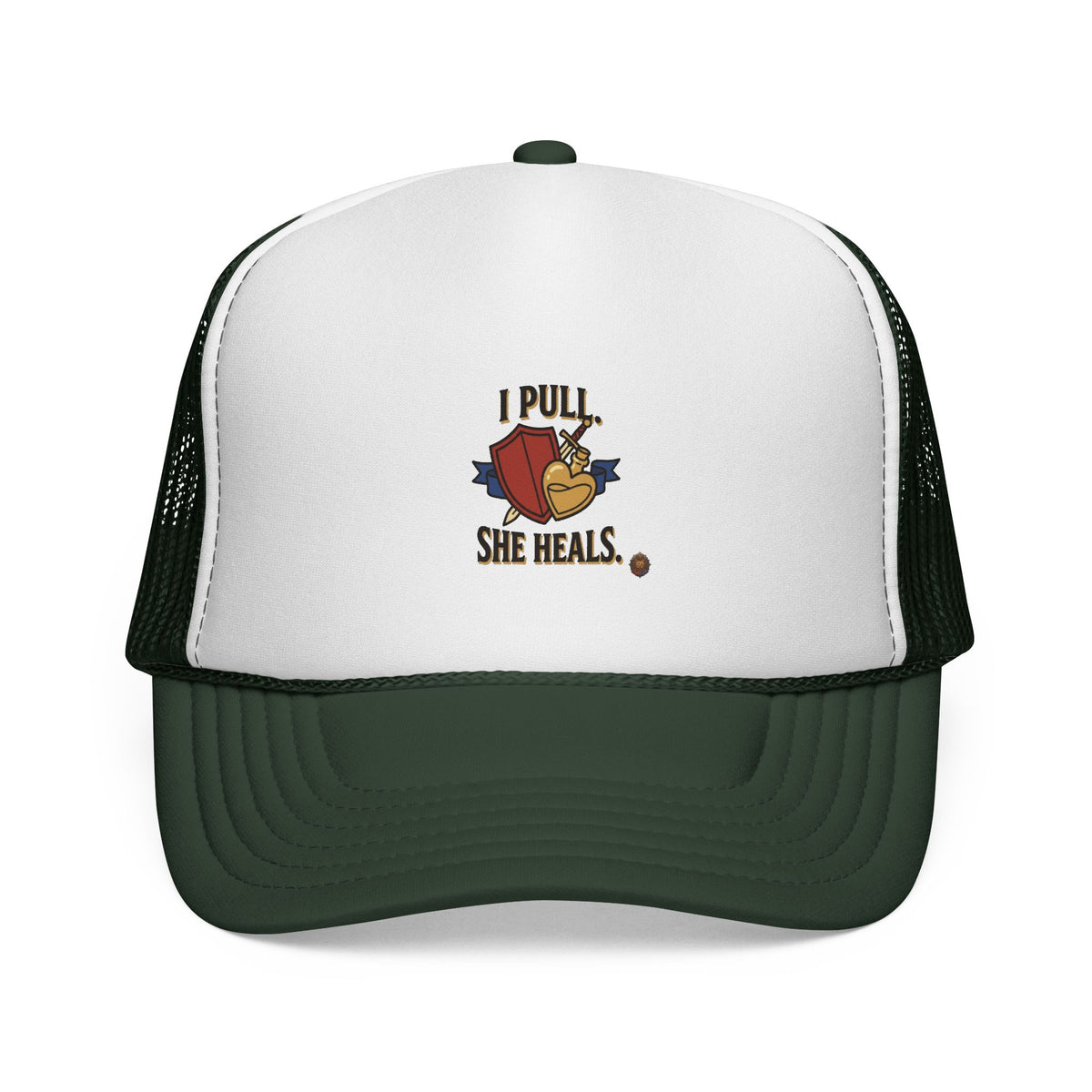 Trucker Hat — "I Pull, She Heals" Weightlifting Barbell Design