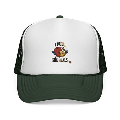 Trucker Hat — "I Pull, She Heals" Weightlifting Barbell Design