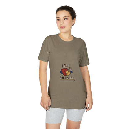 I Pull, She Heals Weightlifting T-Shirt — Couples Gym Workout Tee