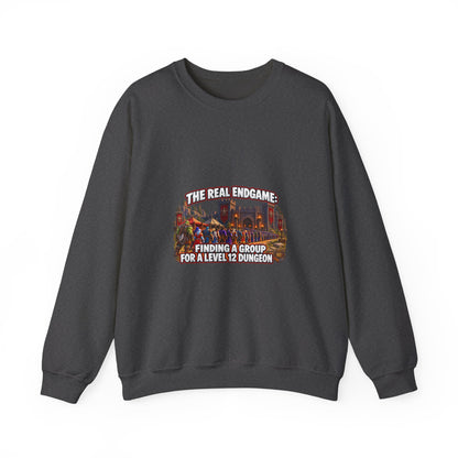 Gaming Crewneck Sweatshirt — "The Real Endgame: Finding a Group for a Level 12 Dungeon"