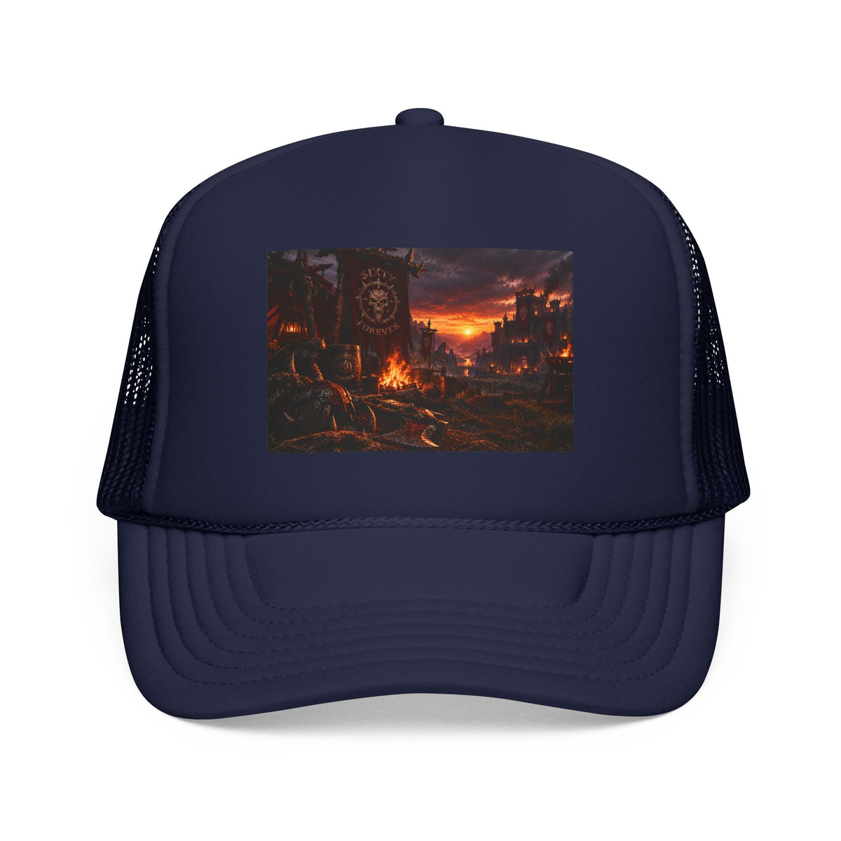 Post-Apocalyptic Campfire Foam Trucker Hat – Dark Dystopian Landscape
