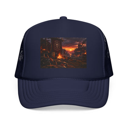 Post-Apocalyptic Campfire Foam Trucker Hat – Dark Dystopian Landscape