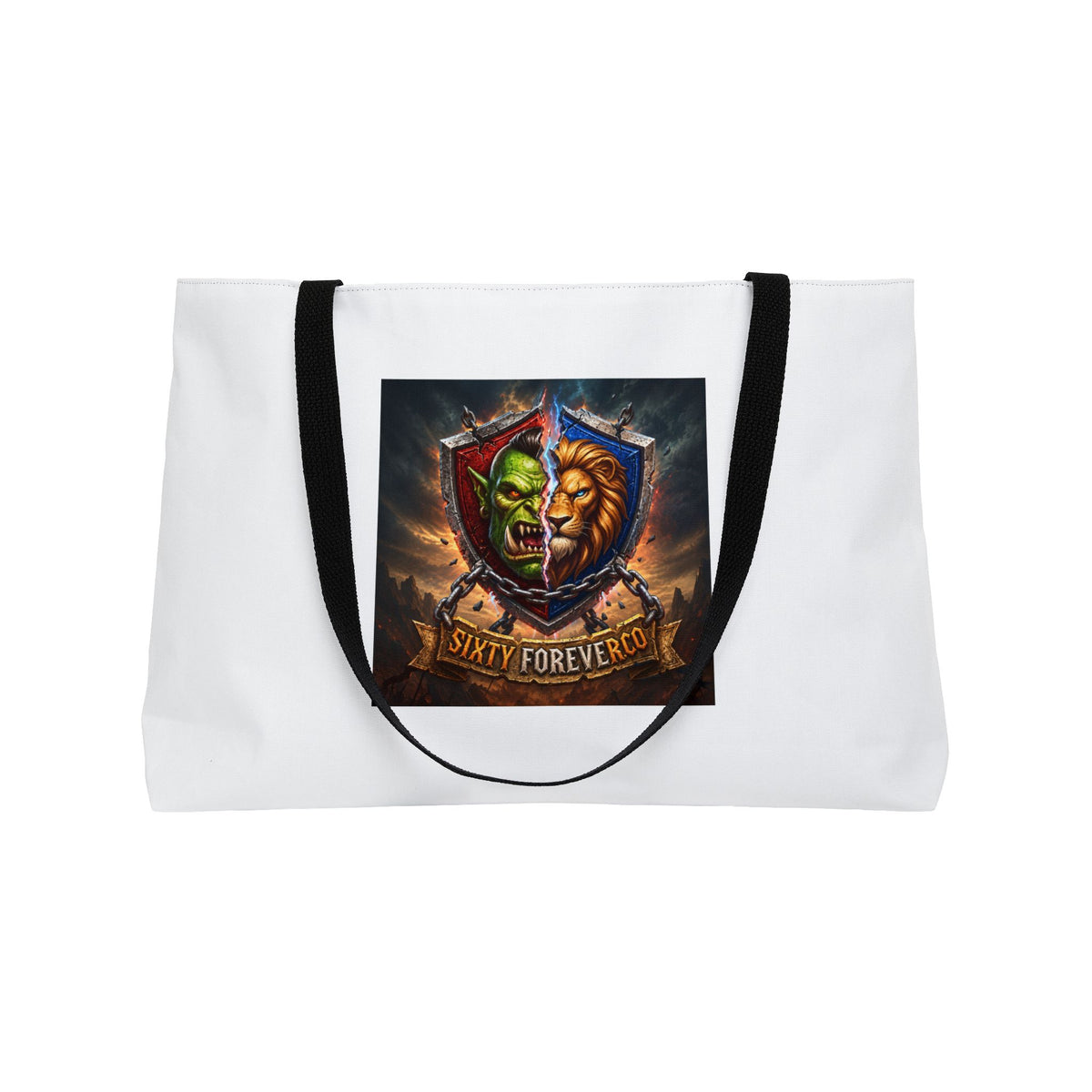 Weekender Tote Bag — 'Unity Forever' Split-Face Lion & Orc Crest Travel Tote