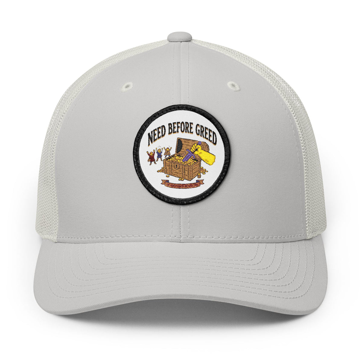 Embroidered Trucker Cap — 'Need Before Greed' Patch