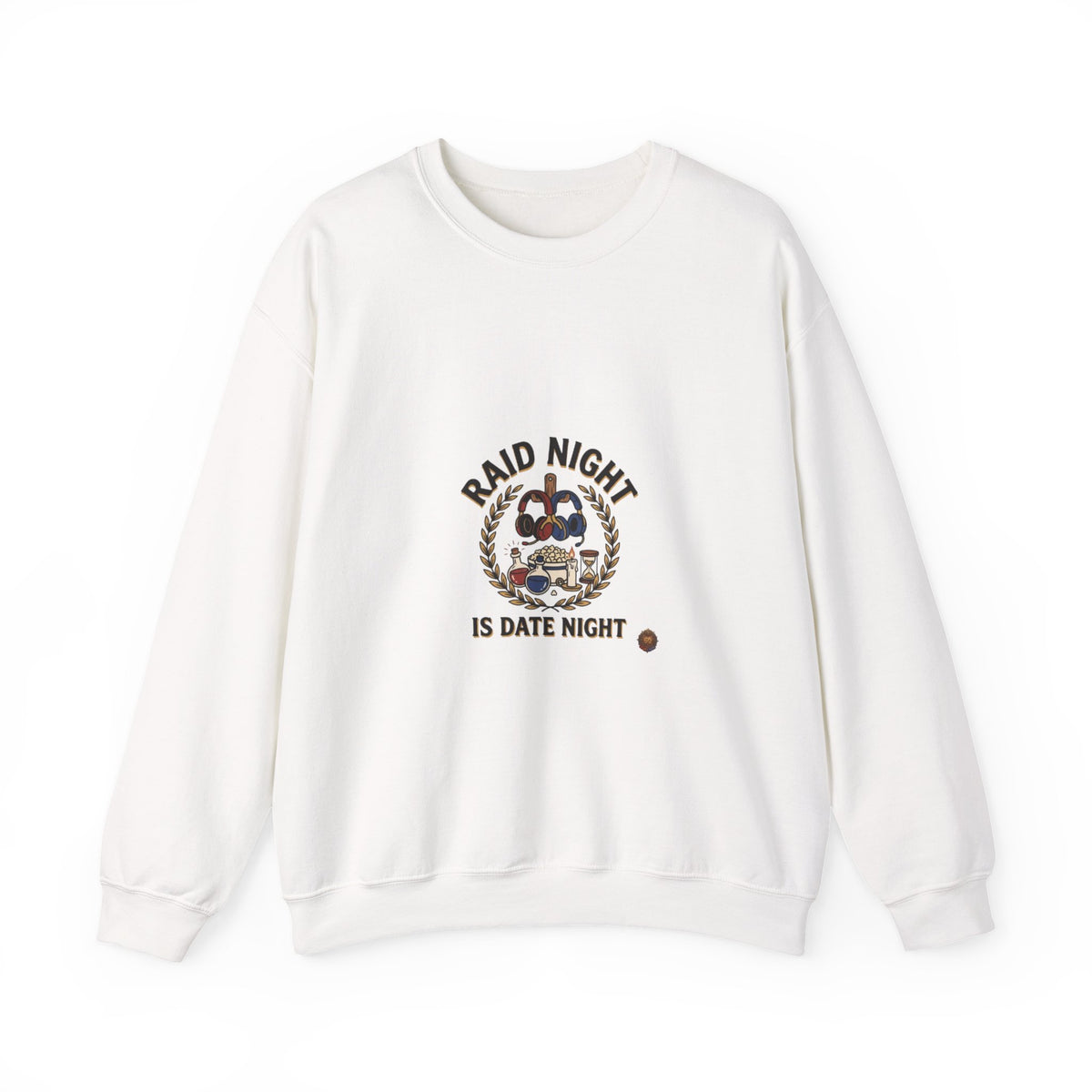 Crewneck Sweatshirt — "Raid Night Is Date Night" Vintage Crest
