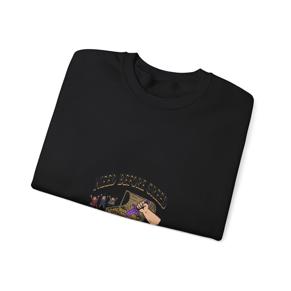 Crewneck Sweatshirt — "Need Before Greed" Chest Graphic (Sustainable Giving Vibe)
