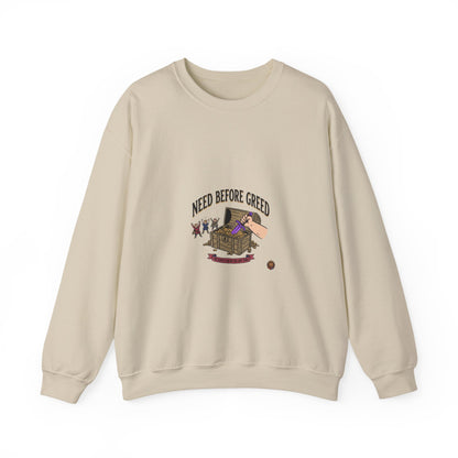 Crewneck Sweatshirt — "Need Before Greed" Chest Graphic (Sustainable Giving Vibe)