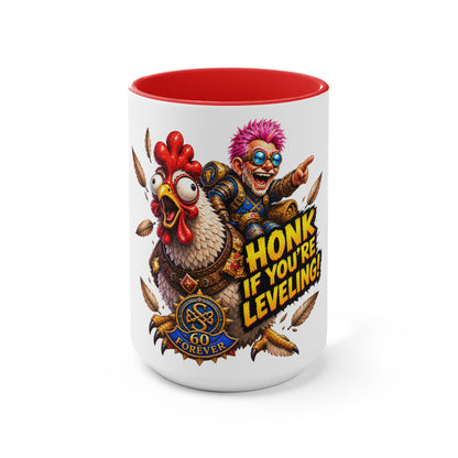 Gaming Mug — "Honk If You're Leveling" Funny Gamer Coffee Cup (Color Accent)