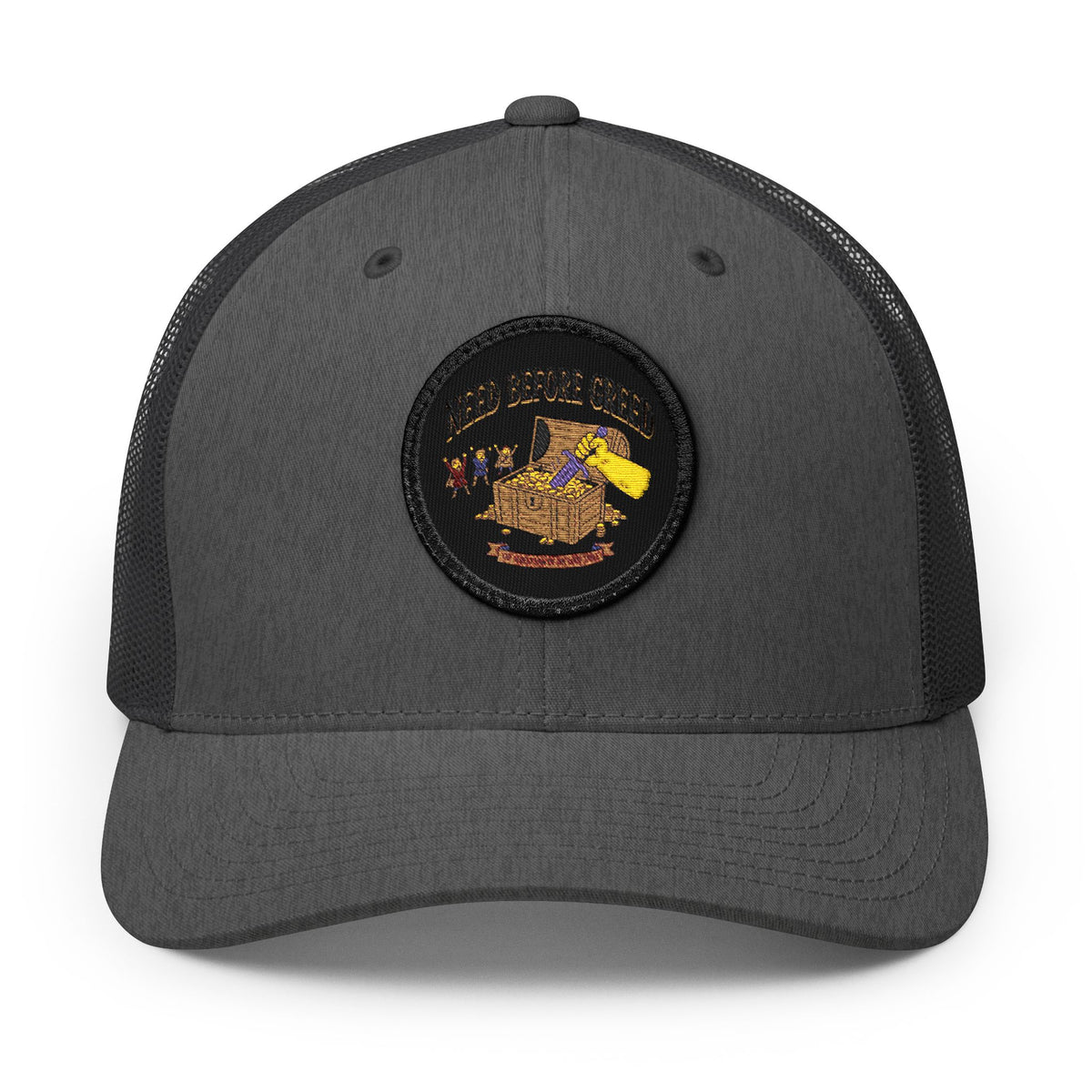 Embroidered Trucker Cap — 'Need Before Greed' Patch