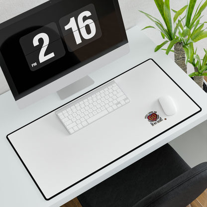 Large Desk Mat — Minimal White Gaming/Office Pad with 'All I Need Is Go In My Heart' Badge
