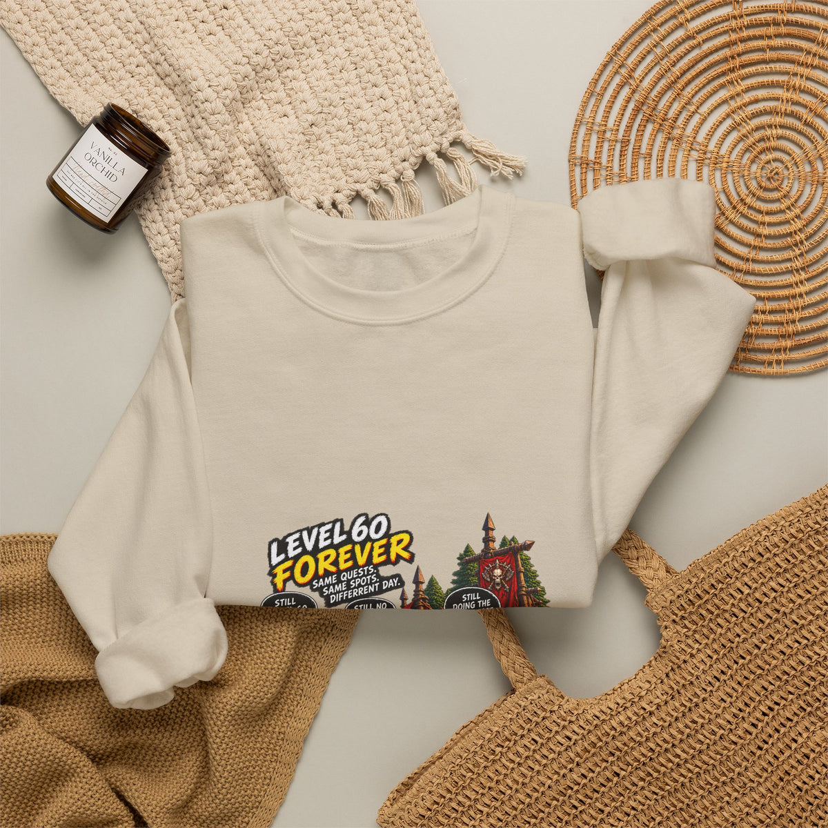 Crewneck Sweatshirt — "Level 60 Forever" Gamer Campfire Design