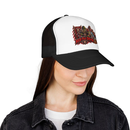 Red Till Dead Trucker Hat — Graphic Foam Mesh Cap for Bikers & Metal Fans