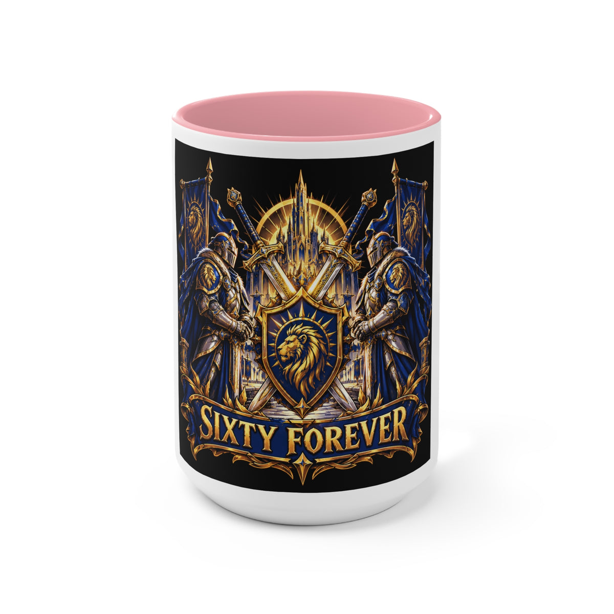 Sixty Forever Accent Mug — Medieval Crest Lion Shield Birthday Coffee Cup