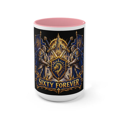Sixty Forever Accent Mug — Medieval Crest Lion Shield Birthday Coffee Cup