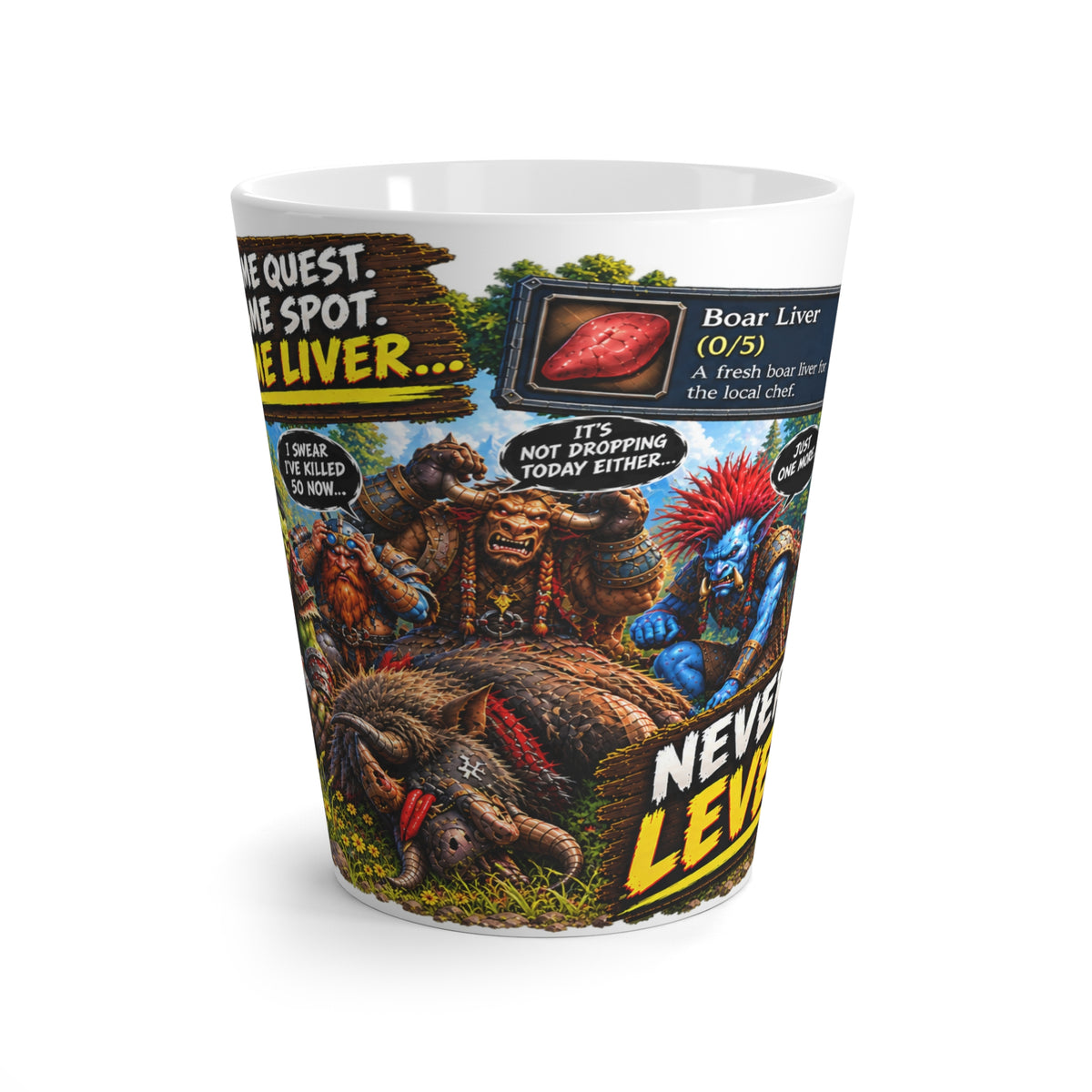 Latte Mug - 'Same Quest, Same Spot, Same Liver' Gamer Fantasy Comic Coffee Cup