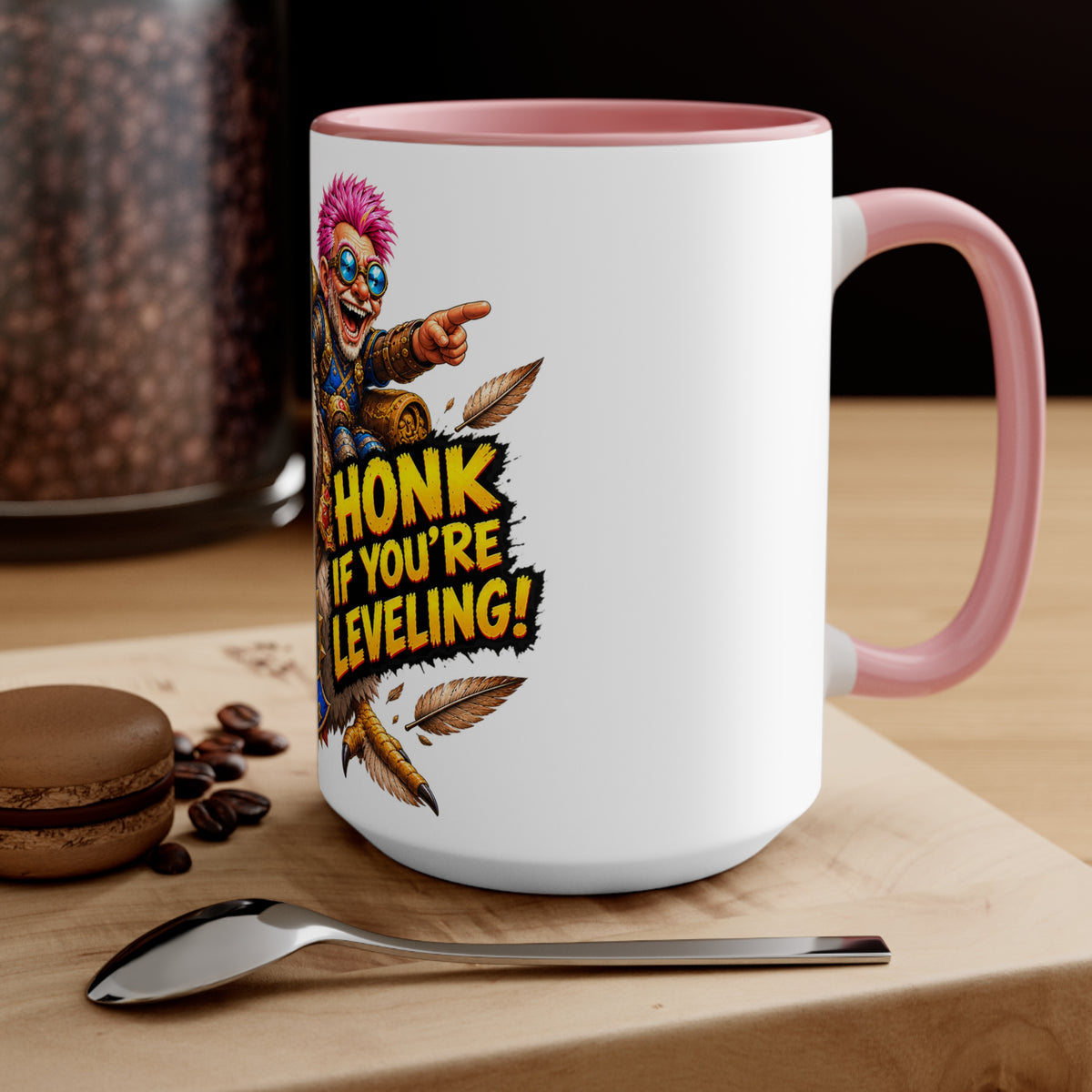 Gaming Mug — "Honk If You're Leveling" Funny Gamer Coffee Cup (Color Accent)
