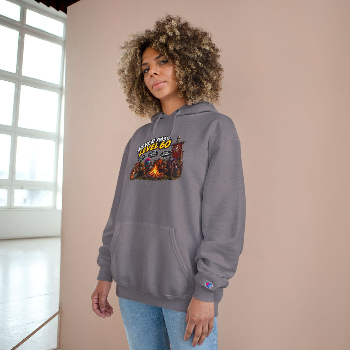 Champion Hoodie - 'Never Pass Level 60' Gamer Campfire Graphic Hoodie