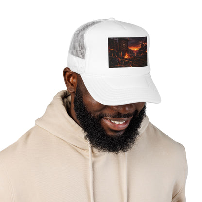 Post-Apocalyptic Campfire Foam Trucker Hat – Dark Dystopian Landscape