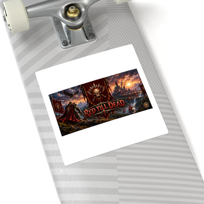 Red Till Dead Skull Banner Square Sticker — Dark Fantasy Laptop Decal