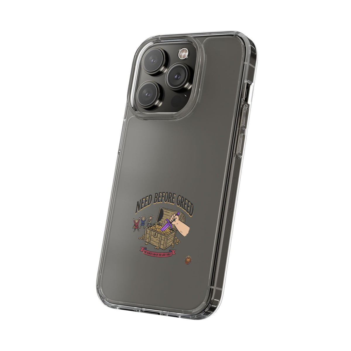 Clear Phone Case — "Need Before Greed" Treasure Chest Design