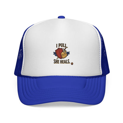 Trucker Hat — "I Pull, She Heals" Weightlifting Barbell Design