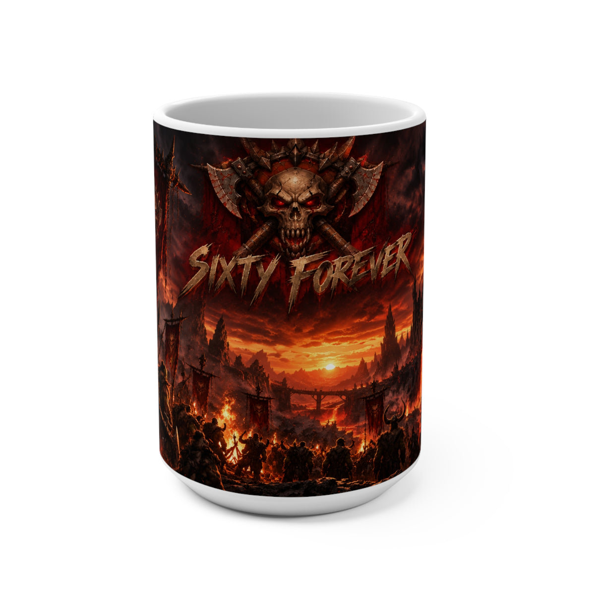 15oz Ceramic Mug — Dark Skull 'Sixty Forever' Gothic Sunset Design