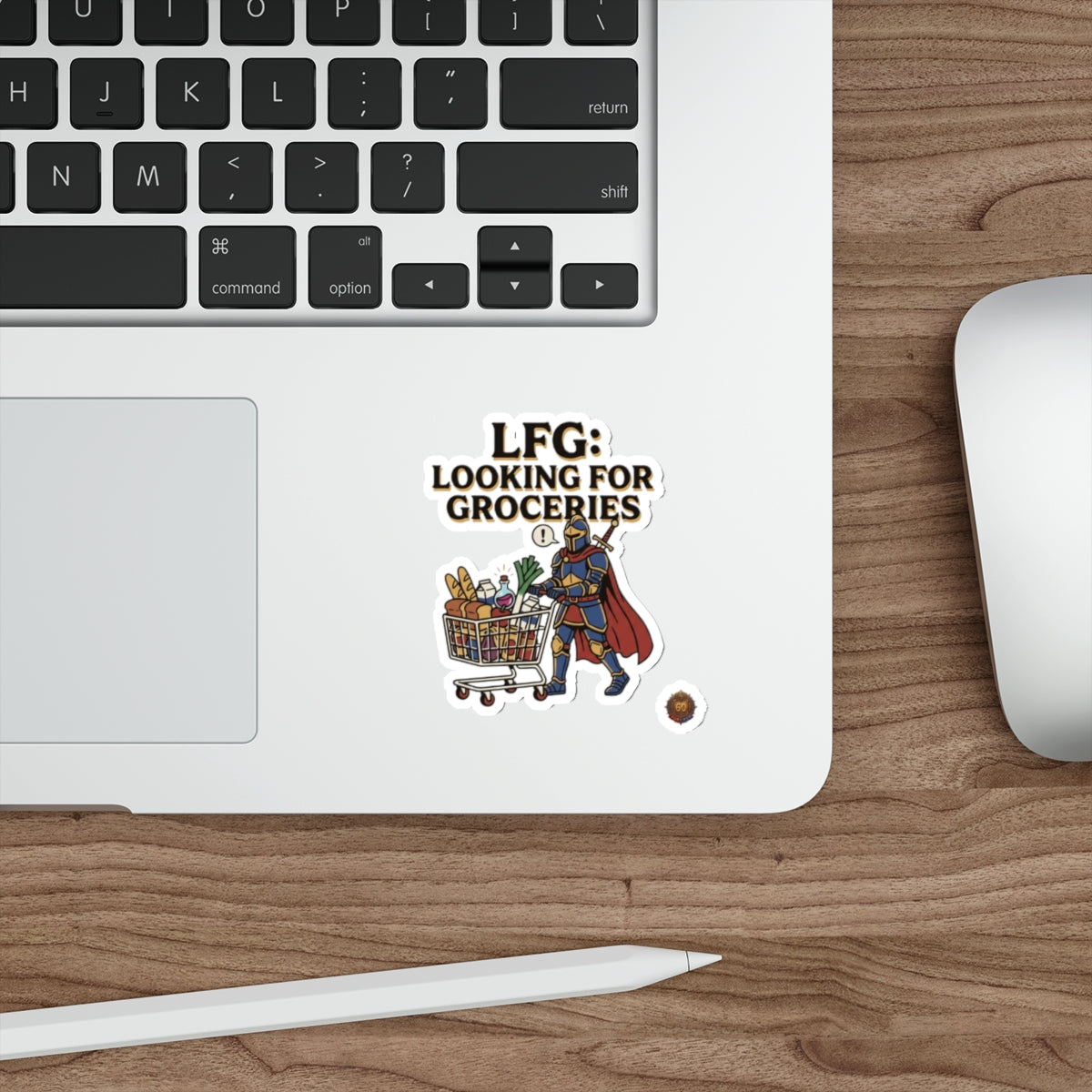 Die-Cut Sticker — "LFG: Looking For Groceries" Knight Pushing Shopping Cart