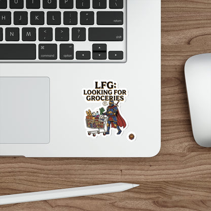 Die-Cut Sticker — "LFG: Looking For Groceries" Knight Pushing Shopping Cart