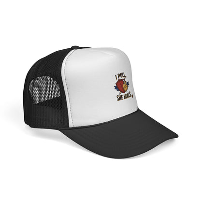 Trucker Hat — "I Pull, She Heals" Weightlifting Barbell Design