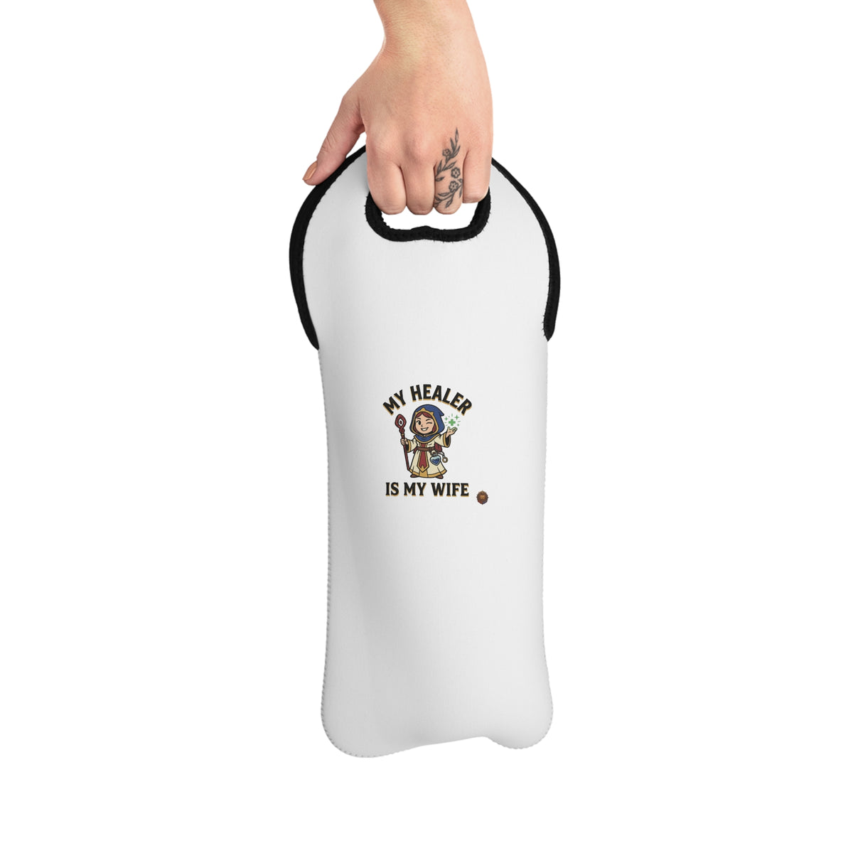 Wine Tote Bag — “My Healer Is My Wife” Neoprene Wine Carrier (Gift for Wives & Spouses)