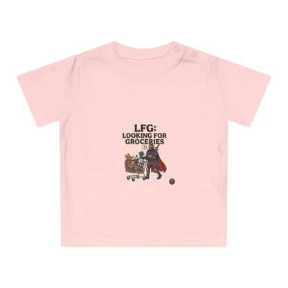Baby T-Shirt — "LFG: Looking For Groceries" Cute Superhero Grocery Cart Tee