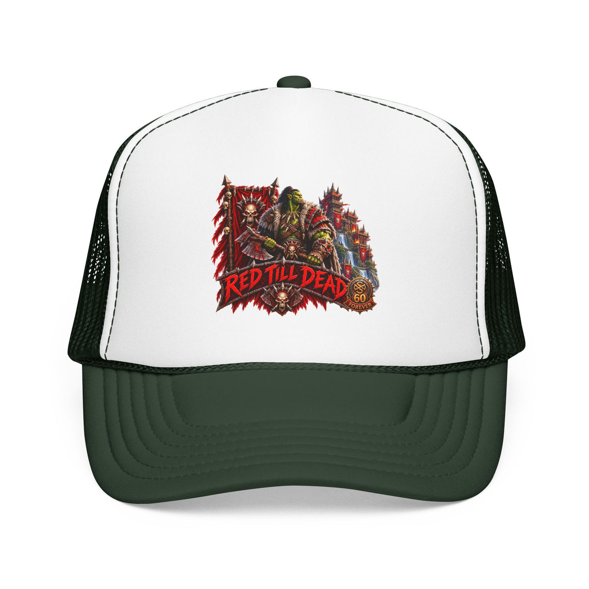 Red Till Dead Trucker Hat — Graphic Foam Mesh Cap for Bikers & Metal Fans