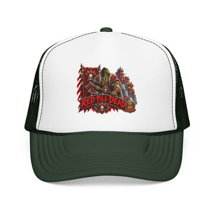 Red Till Dead Trucker Hat — Graphic Foam Mesh Cap for Bikers & Metal Fans