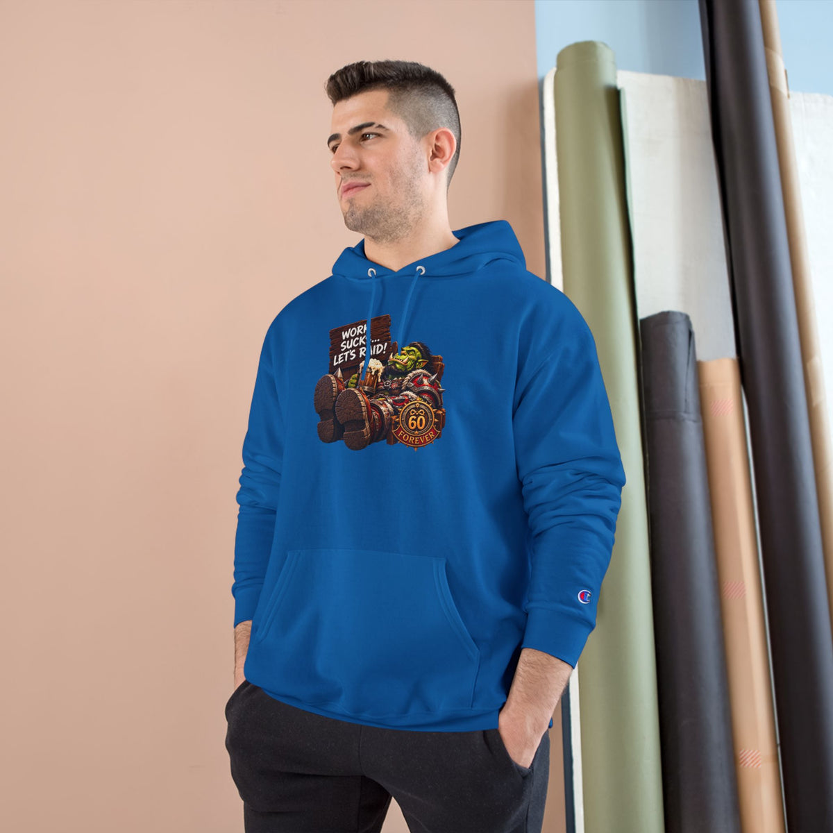 Champion Hoodie — 'Work Hard, Play Hard' Retro Thanksgiving Harvest Graphic