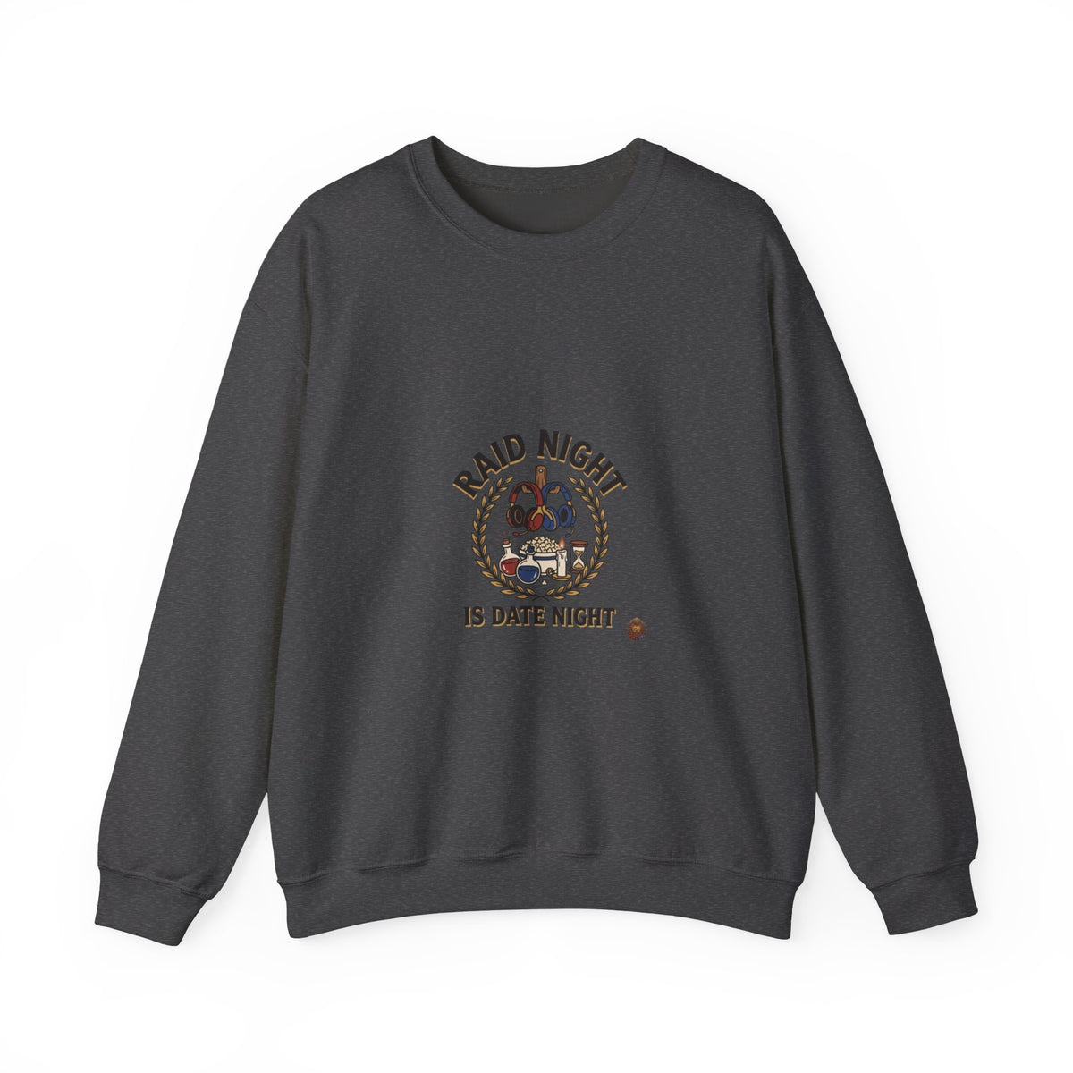 Crewneck Sweatshirt — "Raid Night Is Date Night" Vintage Crest