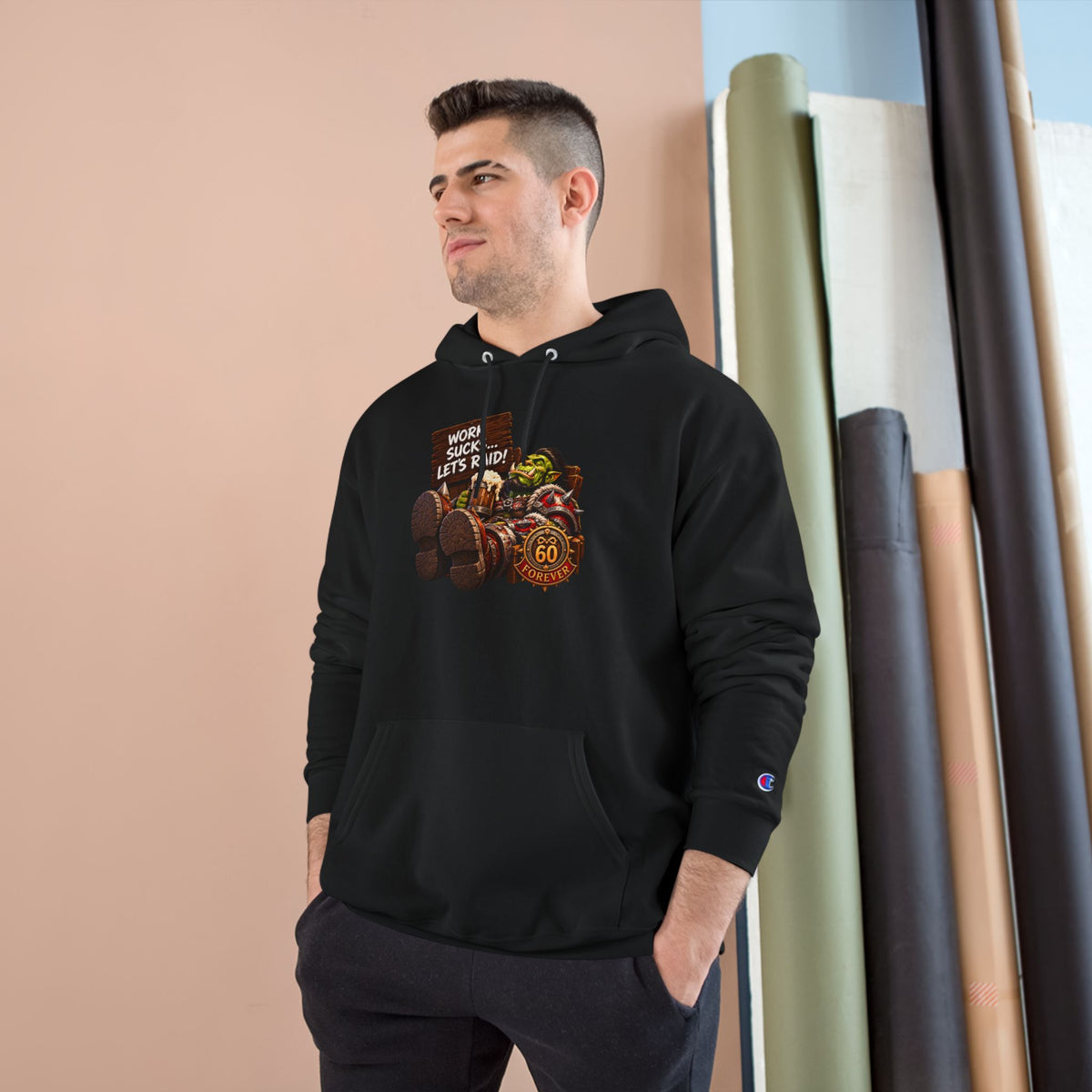 Champion Hoodie — 'Work Hard, Play Hard' Retro Thanksgiving Harvest Graphic
