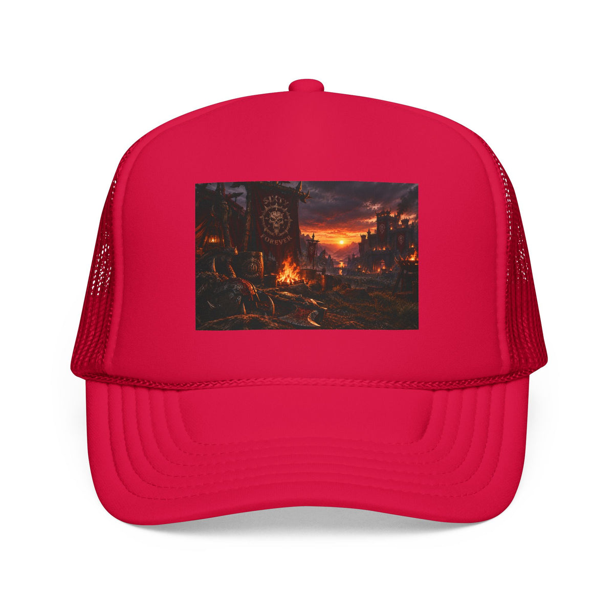 Post-Apocalyptic Campfire Foam Trucker Hat – Dark Dystopian Landscape