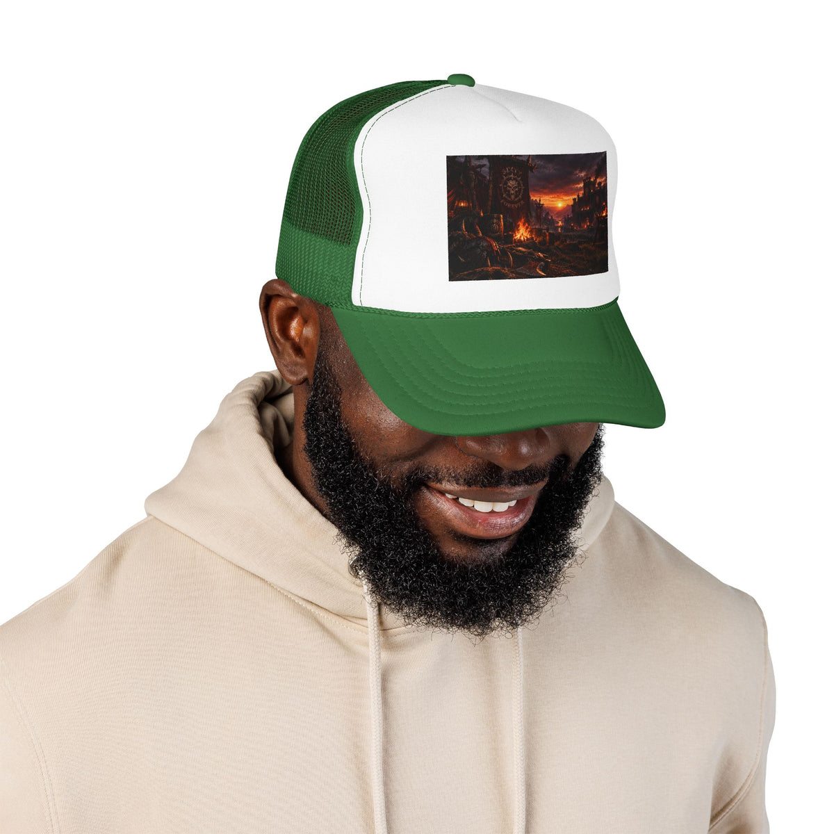 Post-Apocalyptic Campfire Foam Trucker Hat – Dark Dystopian Landscape