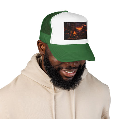 Post-Apocalyptic Campfire Foam Trucker Hat – Dark Dystopian Landscape