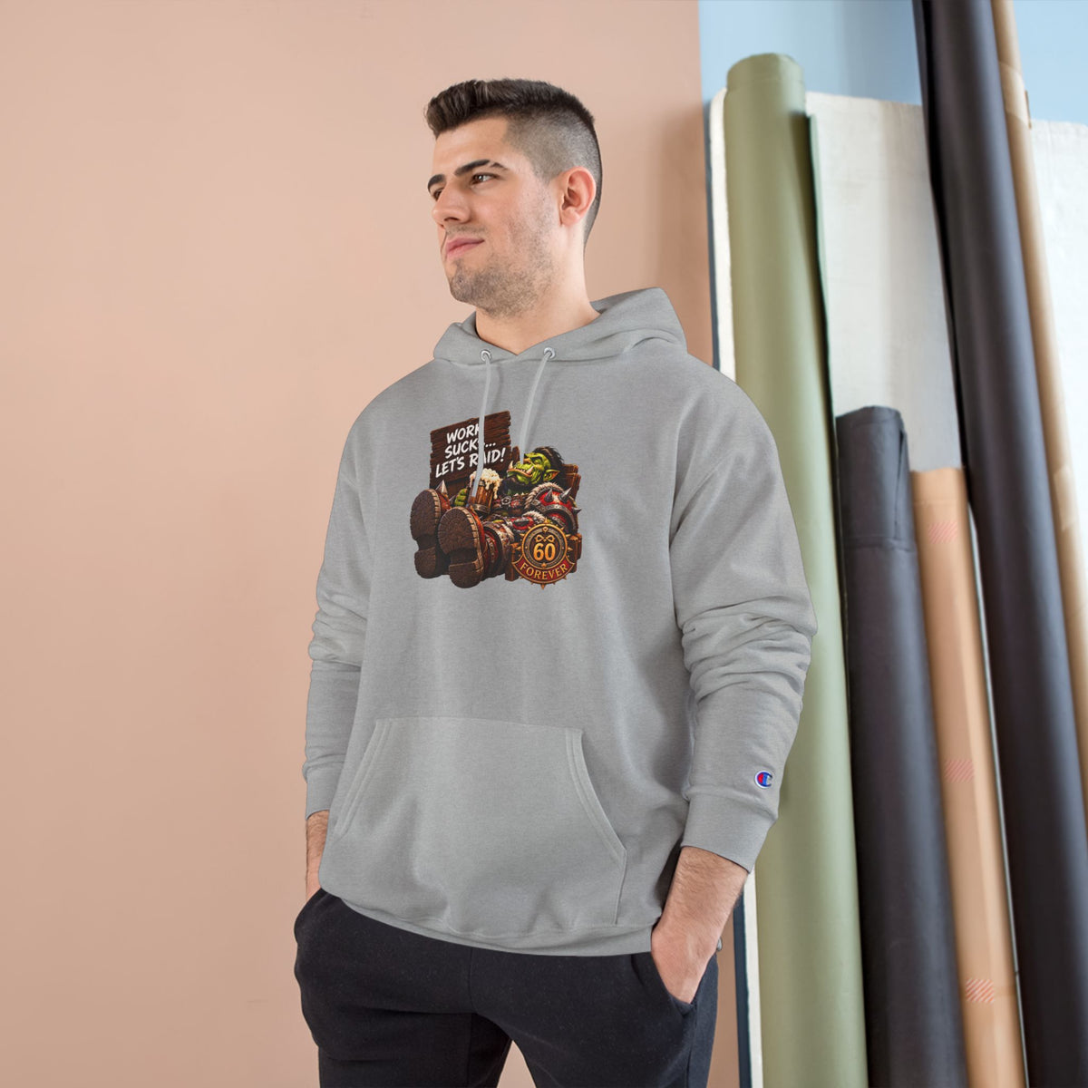 Champion Hoodie — 'Work Hard, Play Hard' Retro Thanksgiving Harvest Graphic