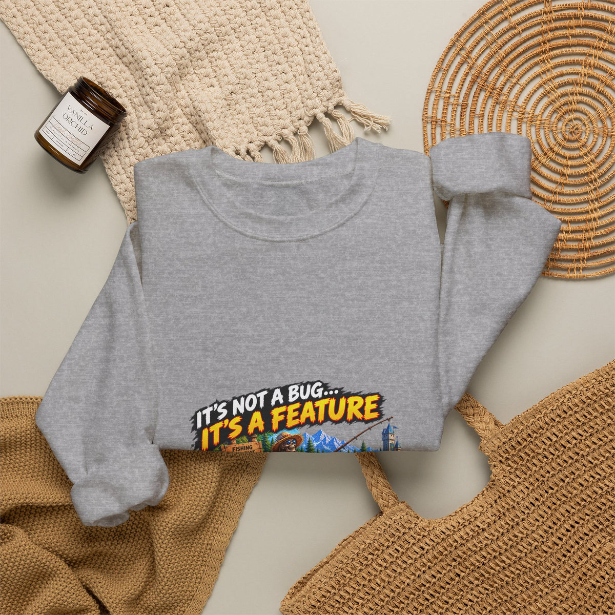 Crewneck Sweatshirt - “It’s Not a Bug, It’s a Feature” Retro Cabin Gamer Design